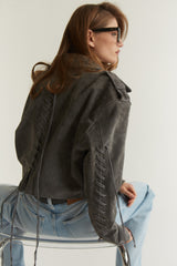 Dark Grey Suede Leather Jacket with Laces KALINKA FURS