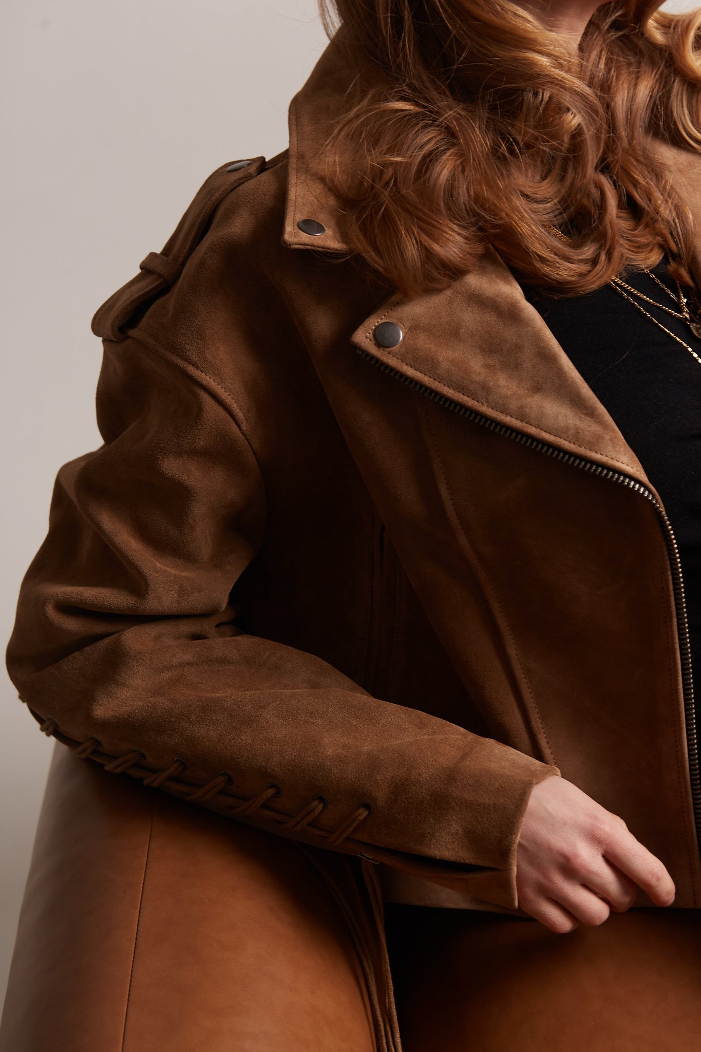 Brown Suede Leather Jacket with Laces KALINKA FURS