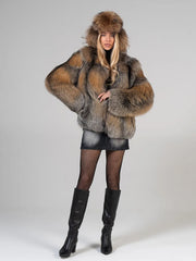 Irina Haină scurtă din blană naturală de vulpe argintie cu guler în formă de V