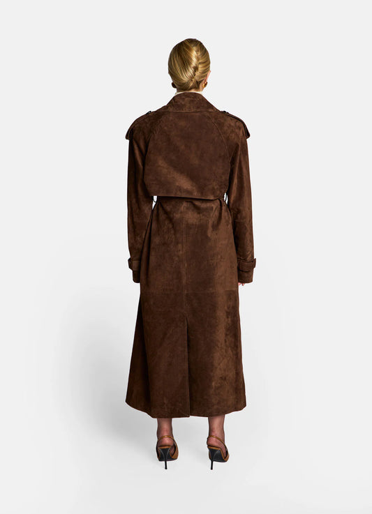 Natasa trench dark brown din piele întoarsă. Lungime 120cm