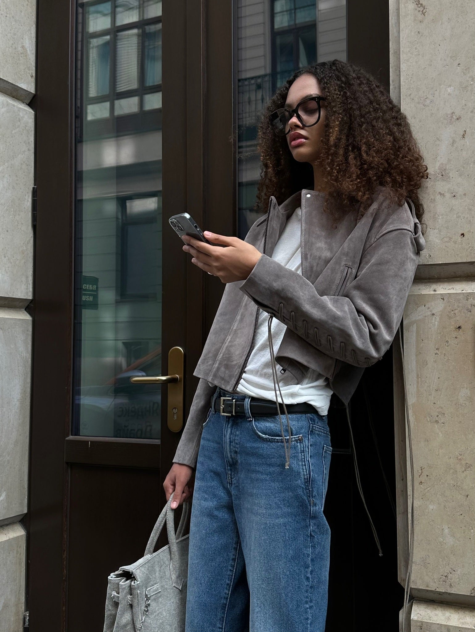 Dark Grey Suede Leather Jacket with Laces KALINKA FURS