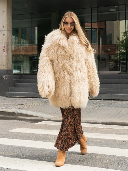 Elora Long coat made of natural Mongolian sheepskin fur with English collar