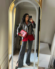 Simina geaca naturala biker vintage gri cu efect spalat