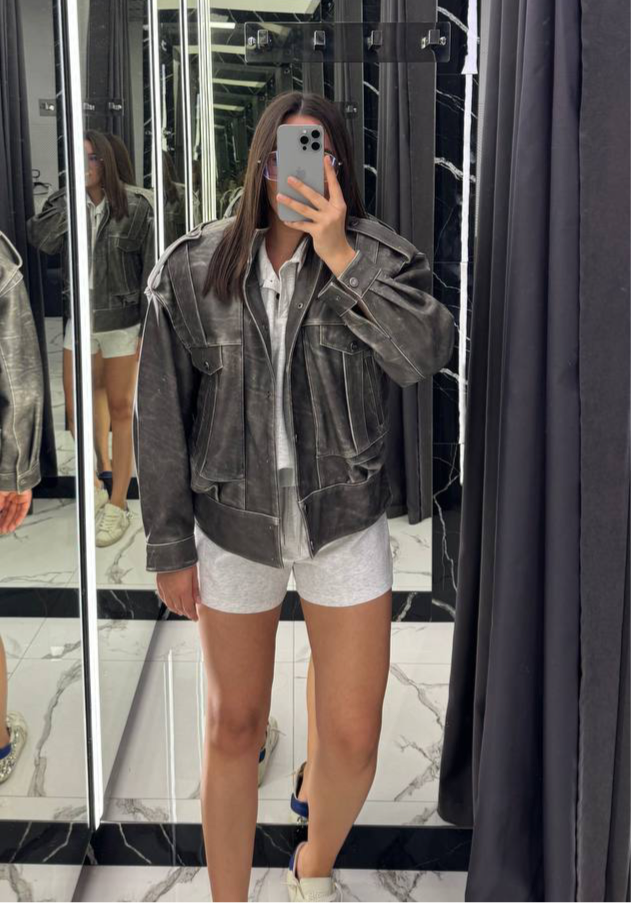 Leather Jacket. Gray color. Geaca din piele naturala. Culloarea gri. KALINKA FURS