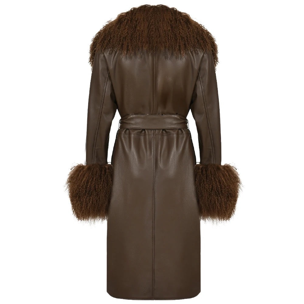 Leather coat with mongolian collar and sleeves. Trench din piele naturala cu blana mongoleza la guler si maneci KALINKA FURS