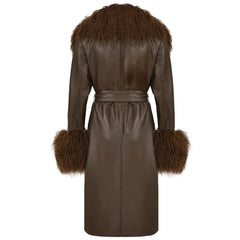 Leather coat with mongolian collar and sleeves. Trench din piele naturala cu blana mongoleza la guler si maneci KALINKA FURS