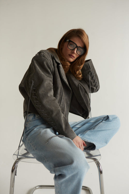 Dark Grey Suede Leather Jacket with Laces KALINKA FURS