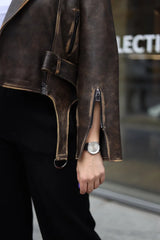 Simina geaca naturala biker vintage cu efect spalat, maro