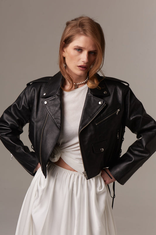 Black Leather Jacket with Laces. Geaca din piele naturala cu sireturi KALINKA FURS