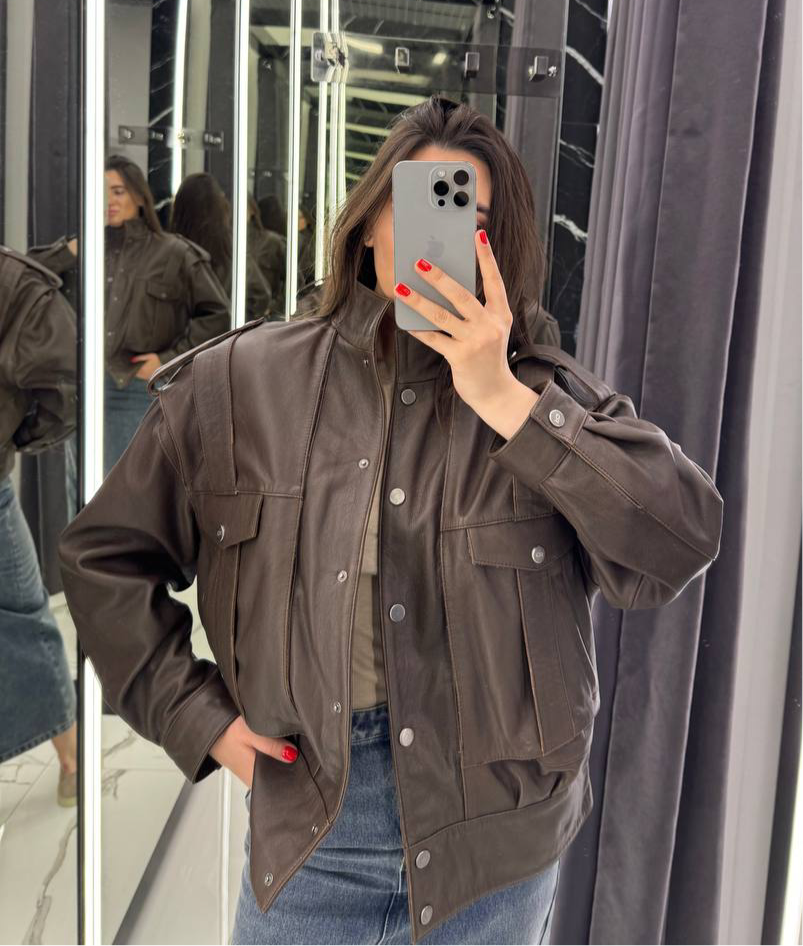 Brown natural leather jacket with staples. Geaca din piele naturala maro cu capse KALINKA FURS