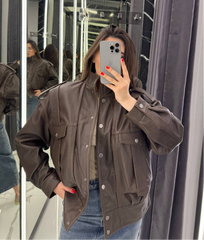 Brown natural leather jacket with staples. Geaca din piele naturala maro cu capse KALINKA FURS