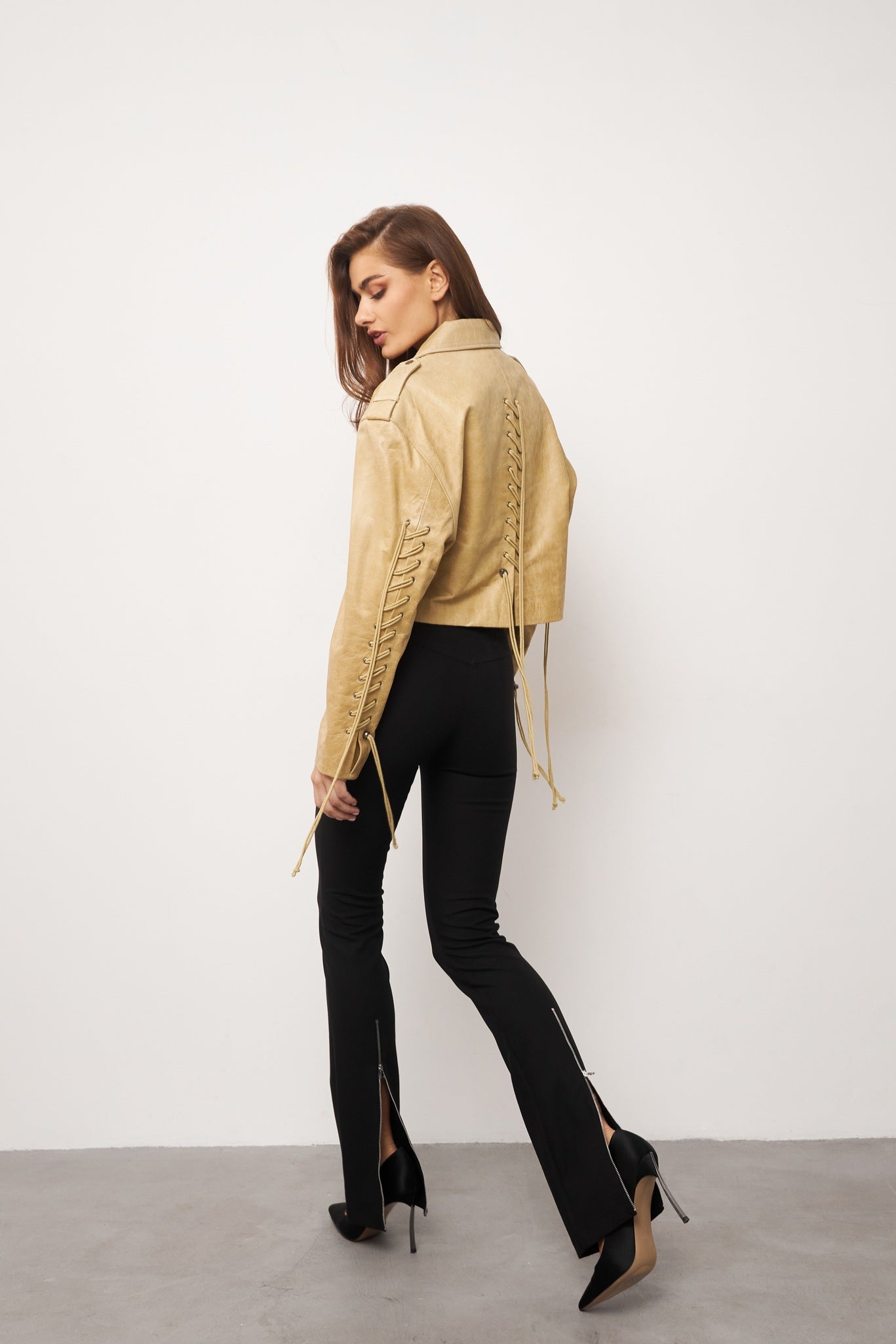 Beige Leather Jacket with Laces. Geaca din piele naturala bej KALINKA FURS
