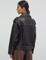 Vintage Black Leather Biker Jacket KALINKA FURS