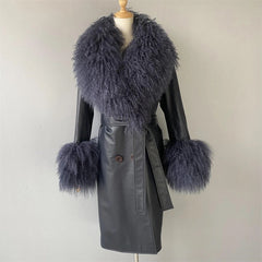 Leather coat with mongolian collar and sleeves. Trench din piele naturala cu blana mongoleza la guler si maneci KALINKA FURS