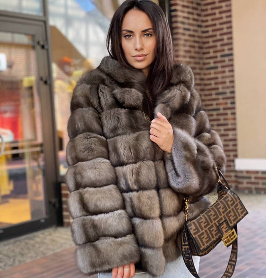Natural Sable Fur Coat with English Collar. Haina din blana naturala de zibelina cu guler englezesc. KALINKA FURS