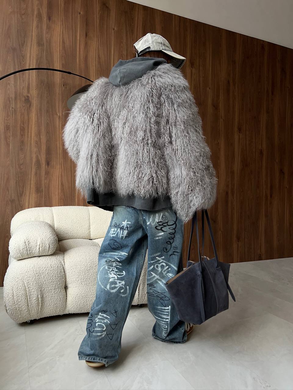 Blana mongoleza de culoare gri. Guler clasic. Lungime 60cm KALINKA FURS