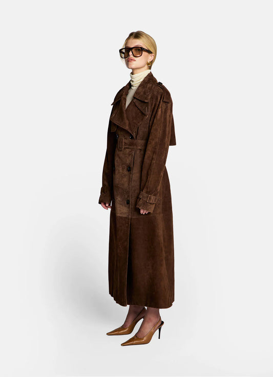Natasa trench dark brown din piele întoarsă. Lungime 120cm