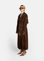 Natasa trench dark brown din piele întoarsă. Lungime 120cm
