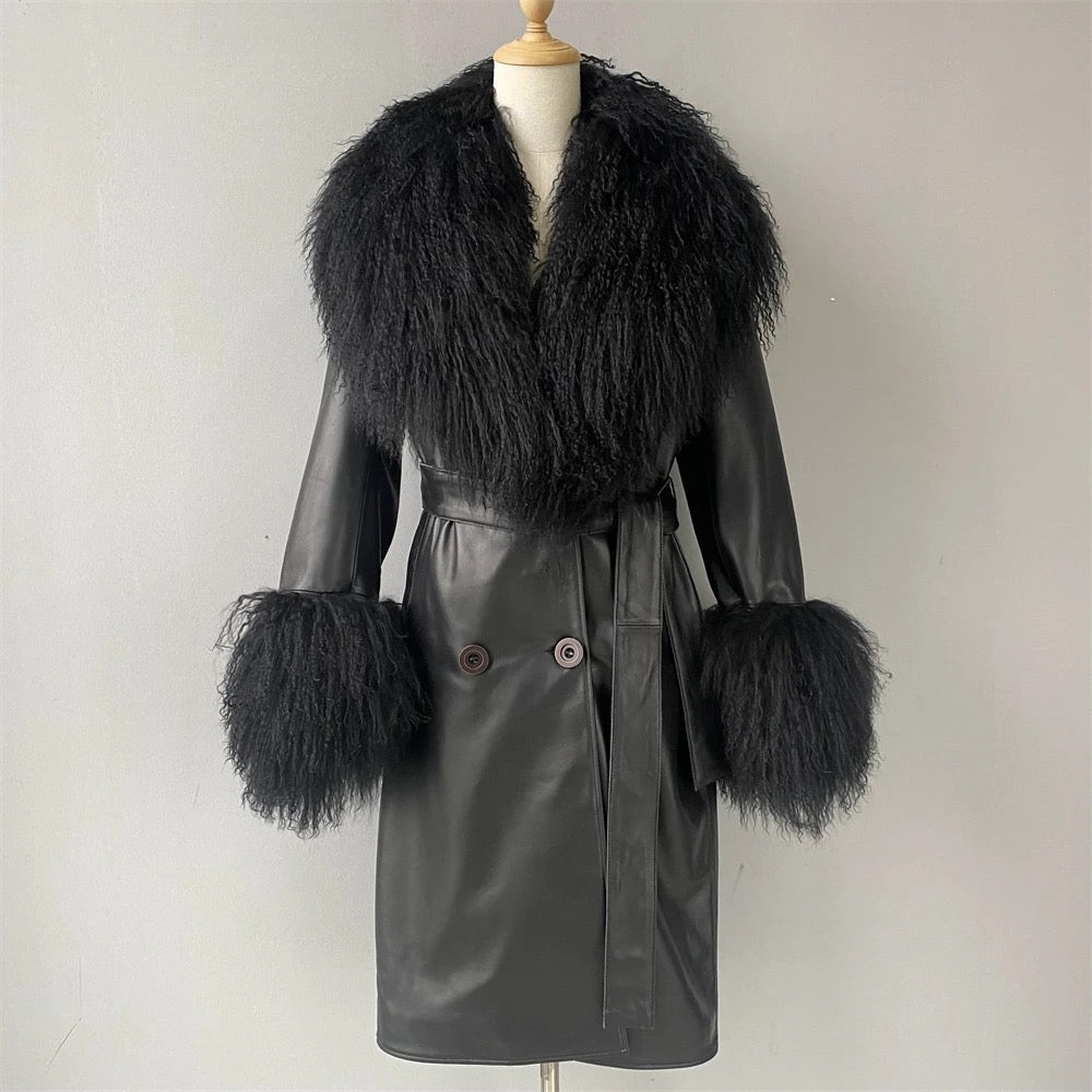 Leather coat with mongolian collar and sleeves. Trench din piele naturala cu blana mongoleza la guler si maneci KALINKA FURS