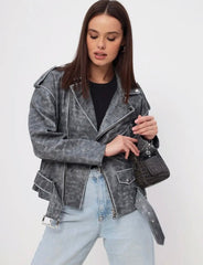 Washed effect biker jacket. Jacheta cu efect washed in gri KALINKA FURS