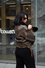 Simina geaca naturala biker vintage cu efect spalat, maro