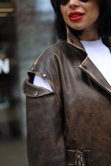 Simina geaca naturala biker vintage cu efect spalat, maro