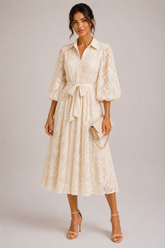 Rochie midi din dantelă elegantă cu cordon în talie
