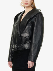 Alumna geaca din piele naturala cu glugă și curea