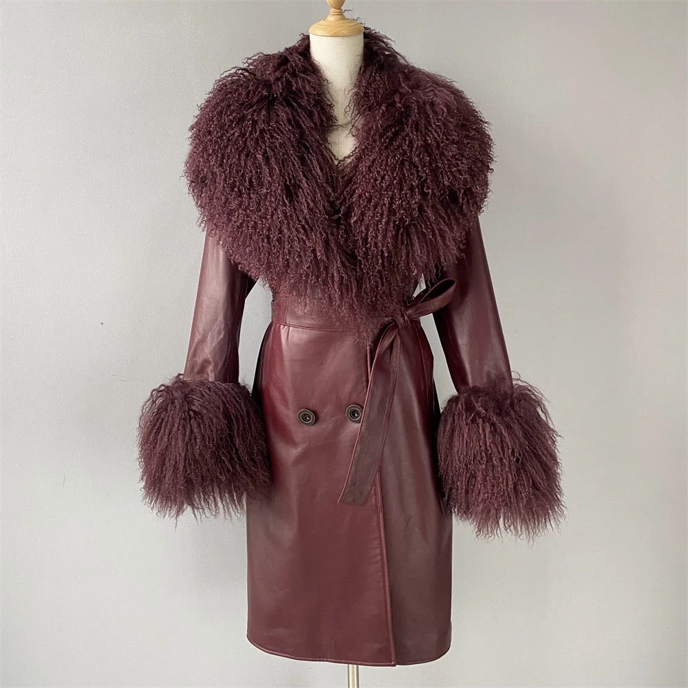 Leather coat with mongolian collar and sleeves. Trench din piele naturala cu blana mongoleza la guler si maneci KALINKA FURS
