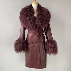 Leather coat with mongolian collar and sleeves. Trench din piele naturala cu blana mongoleza la guler si maneci KALINKA FURS