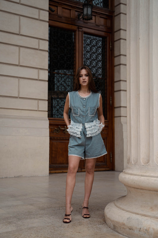 Set denim bluza si pantaloni scurti