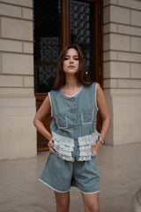 Set denim bluza si pantaloni scurti