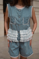 Set denim bluza si pantaloni scurti