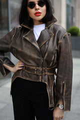 Simina geaca naturala biker vintage gri cu efect spalat