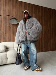 Blana mongoleza de culoare gri. Guler clasic. Lungime 60cm KALINKA FURS