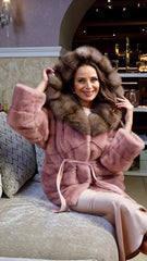 Hooded mink fur coat with marten collar. Haina din blana naturala din vizon cu gluga din jder KALINKA FURS