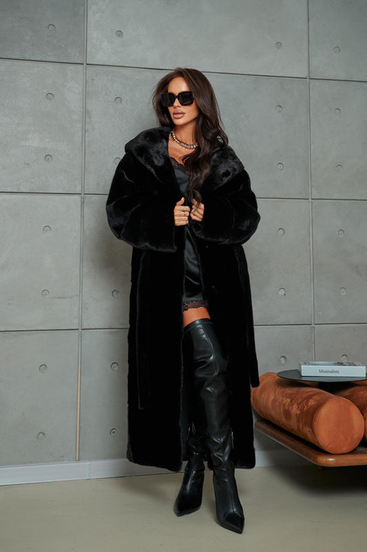 Alyna jacheta din blană naturală de vizon/nurca cu glugă și cordon