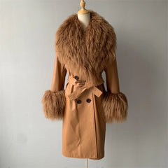 Leather coat with mongolian collar and sleeves. Trench din piele naturala cu blana mongoleza la guler si maneci KALINKA FURS