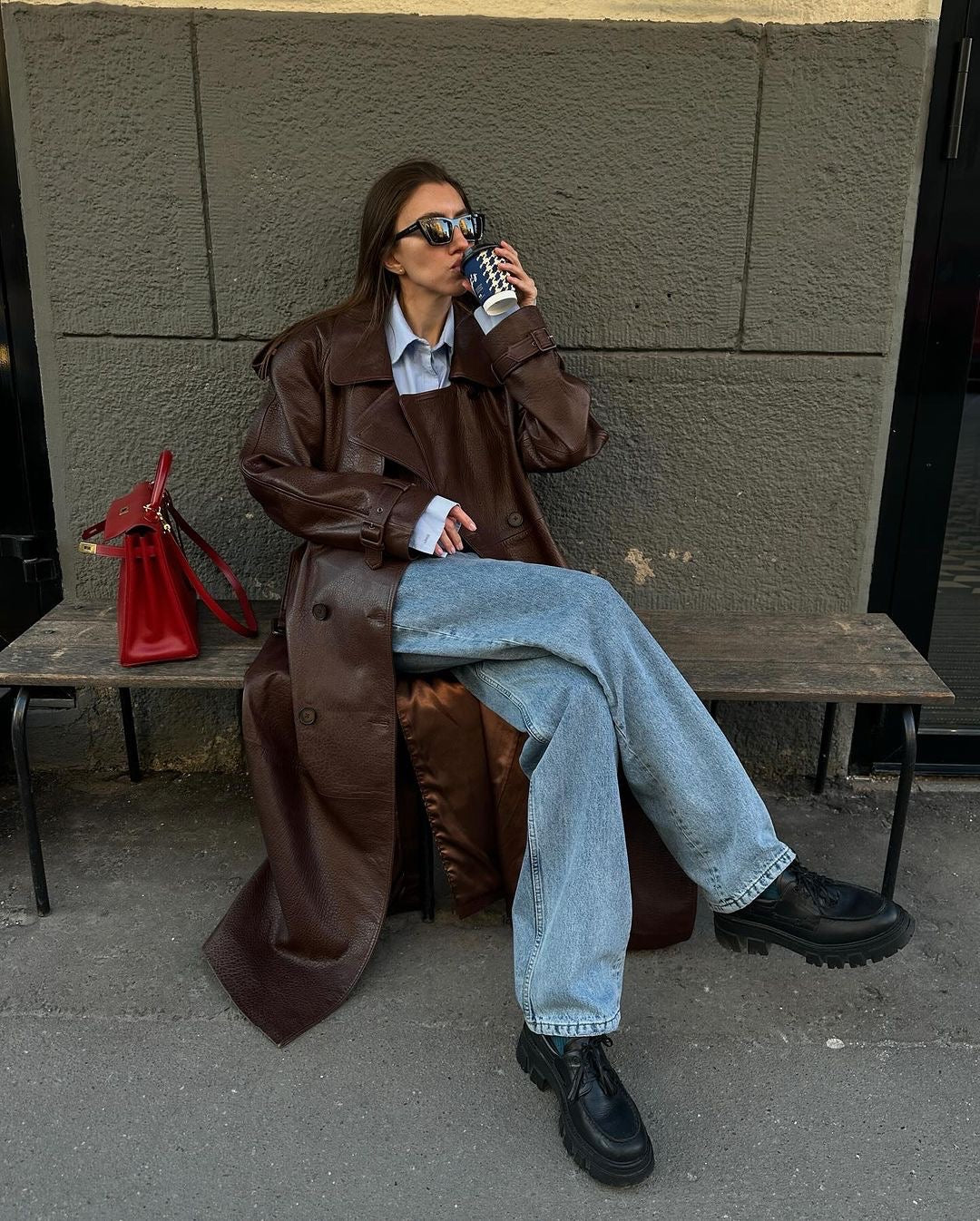 Dark brown leather trench coat length 130cm. Trench din piele naturala maro lungime 130cm KALINKA FURS