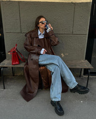 Dark brown leather trench coat length 130cm. Trench din piele naturala maro lungime 130cm KALINKA FURS