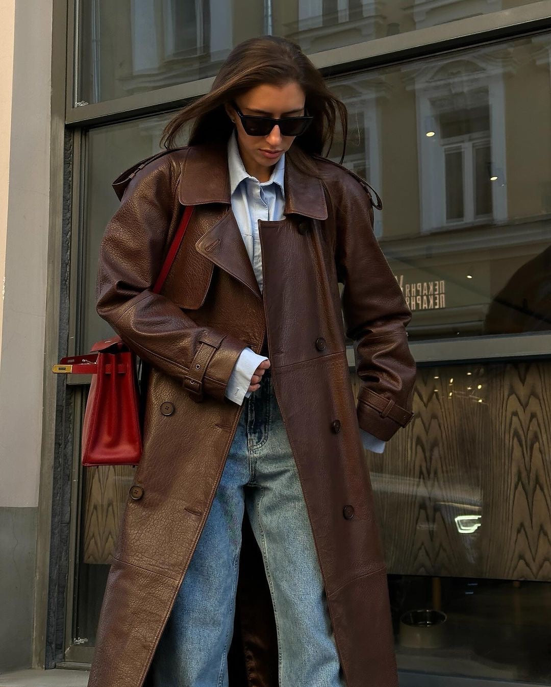 Dark brown leather trench coat length 130cm. Trench din piele naturala maro lungime 130cm KALINKA FURS