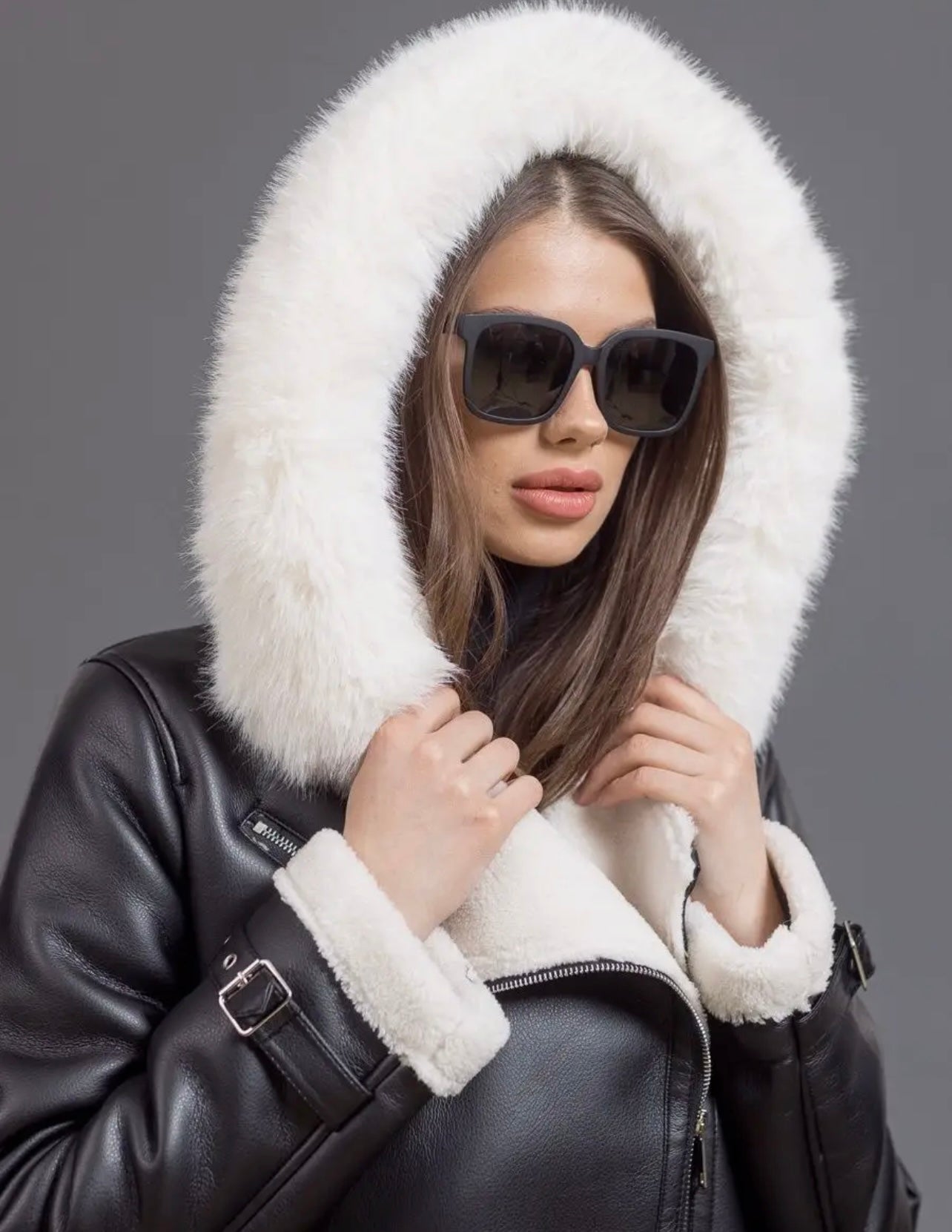 Black Pilot Effect Leather Shearling. Cojoc de iarna cu blana naturala KALINKA FURS