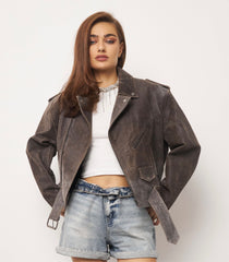 Vintage Effect Leather Jacket KALINKA FURS