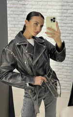 Simina geaca naturala biker vintage gri cu efect spalat