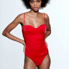 Body bustier cu efect satinat roșu Mărime S/M