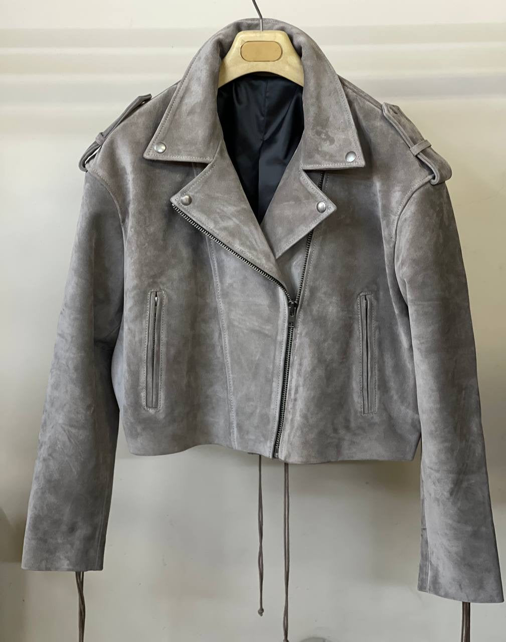 Dark Grey Suede Leather Jacket with Laces KALINKA FURS