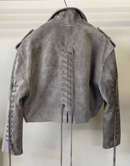 Dark Grey Suede Leather Jacket with Laces KALINKA FURS