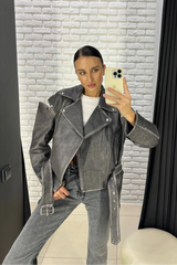 Simina geaca naturala biker vintage gri cu efect spalat