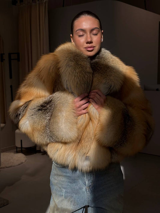 Manteau Medeya en fourrure de renard canadien naturelle avec col à revers