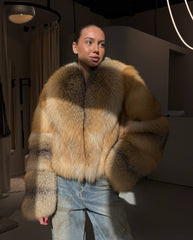 Medeya haina din blana naturala de vulpe canadiana cu guler revere